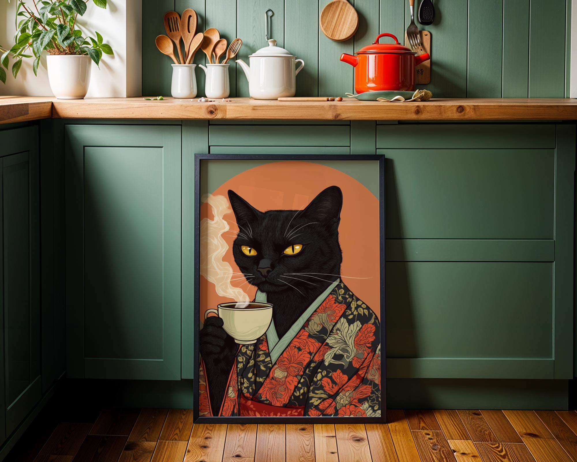 Japanese Poster | Kimono Black Cat Print – Coffee Lover Art wall art print, modern home decor, unframed artwork by Nomad & Nest