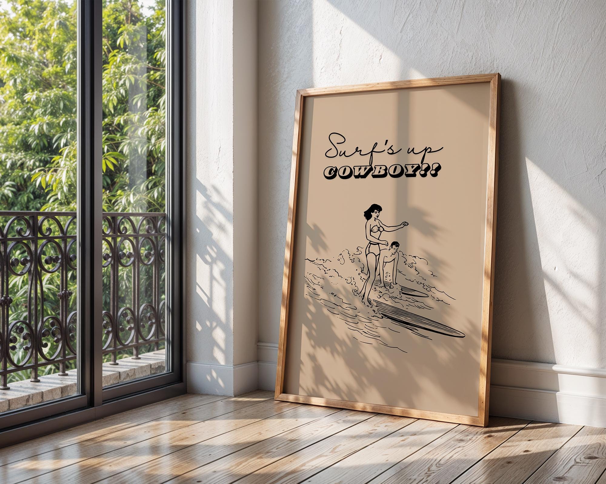 Coastal Cowgirl Surfing Art Print | Retro Beach Poster wall art print, modern home decor, unframed artwork by Nomad & Nest