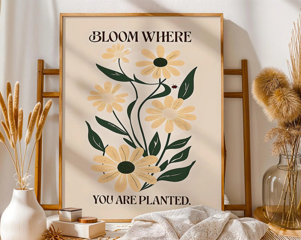 Positive Emotion | Bloom Where You Are Planted – Vintage Daisy Illustration, Inspirational Floral Wall Art wall art print, modern home decor, unframed artwork by Nomad & Nest