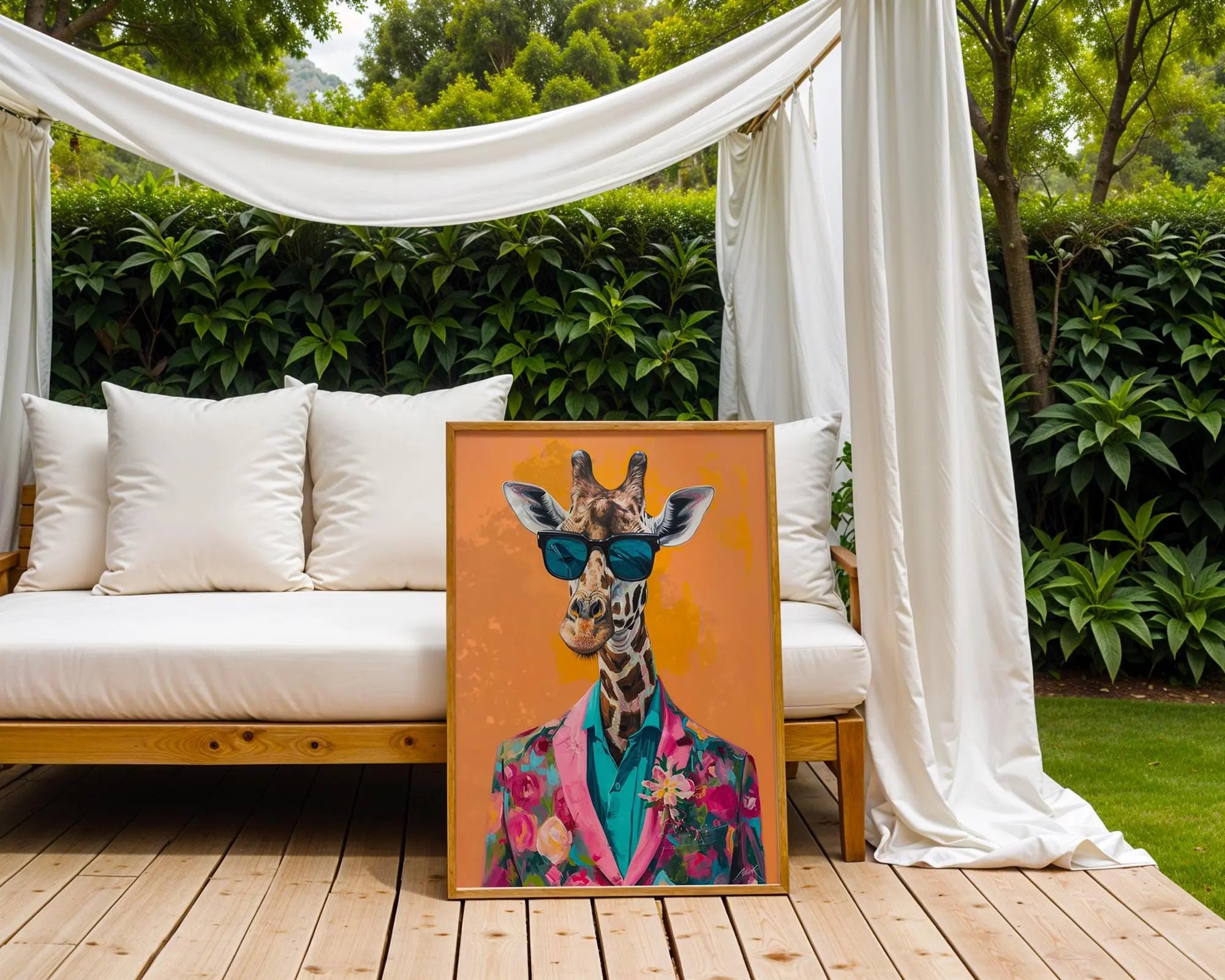 Colourful Prints | Giraffe in Floral Suit Art Print | Quirky Animal Portrait wall art print, modern home decor, unframed artwork by Nomad & Nest