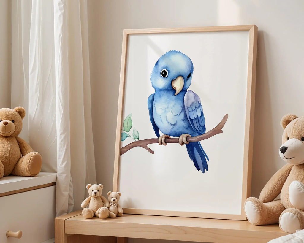 Playroom Ideas | Blue Parrot Nursery Wall Art | Tropical Bird Baby Print wall art print, modern home decor, unframed artwork by Nomad & Nest