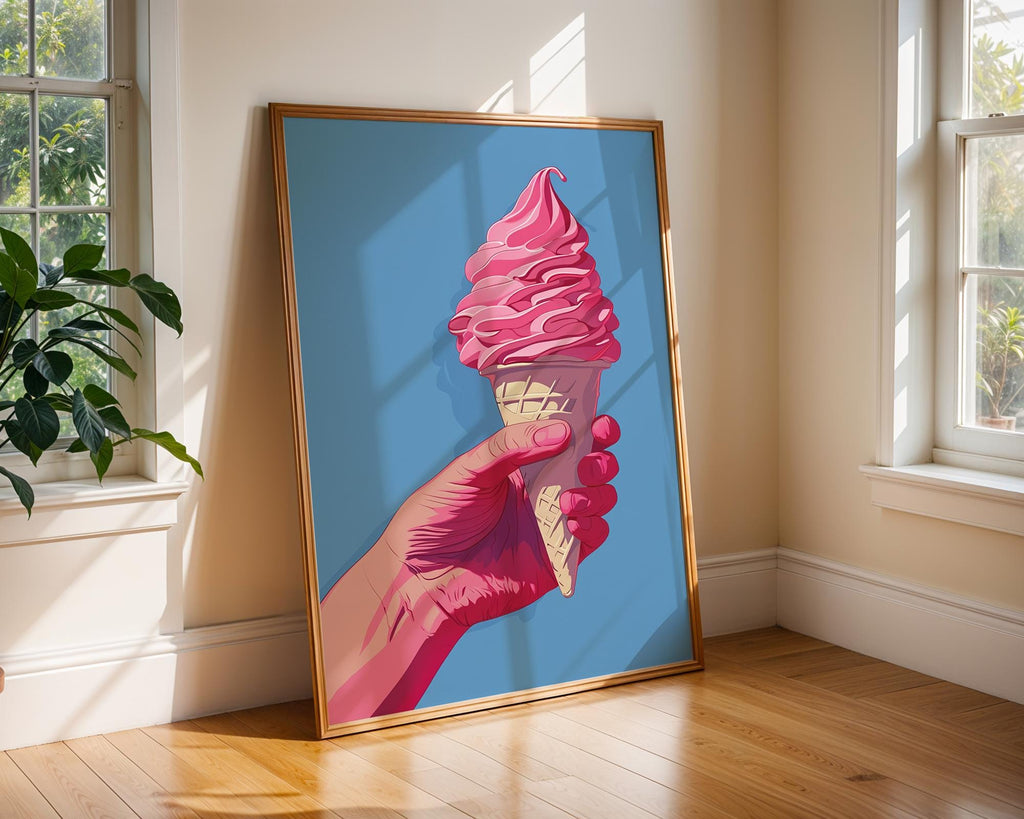 Colourful Prints | Pink Ice Cream Cone Art Print | Retro Summer Dessert Poster wall art print, modern home decor, unframed artwork by Nomad & Nest