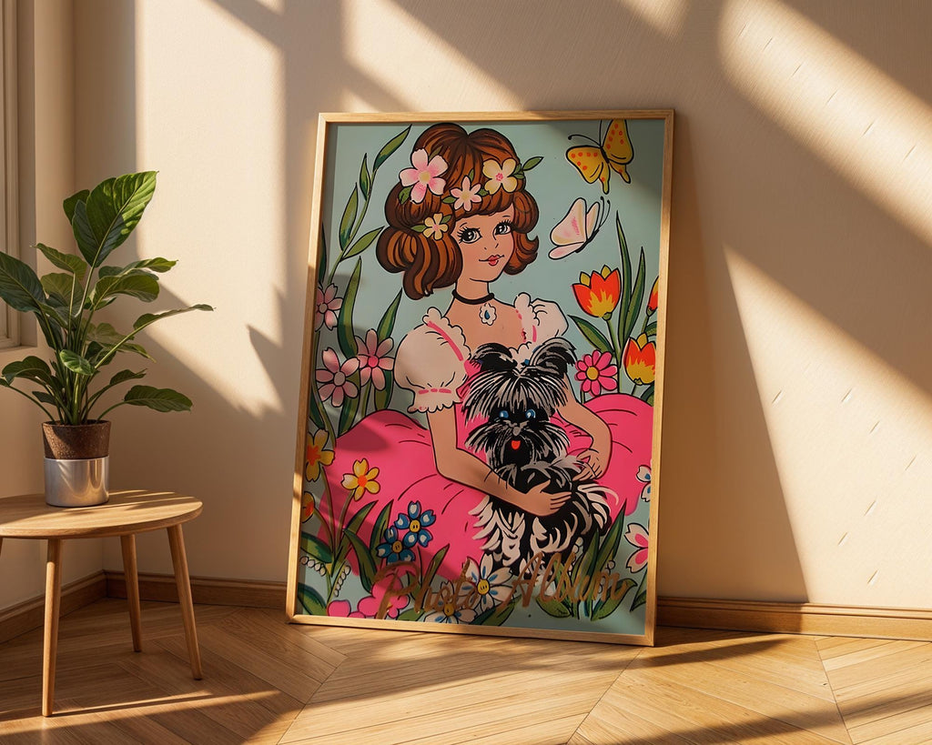 Girl and Dog Art Print | 70s Floral Illustration, Kawaii Home Decor wall art print, modern home decor, unframed artwork by Nomad & Nest