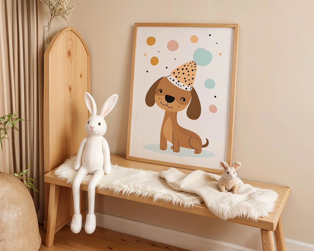 Playroom Ideas | Party Dog Nursery Wall Art | Fun Animal Celebration Print wall art print, modern home decor, unframed artwork by Nomad & Nest