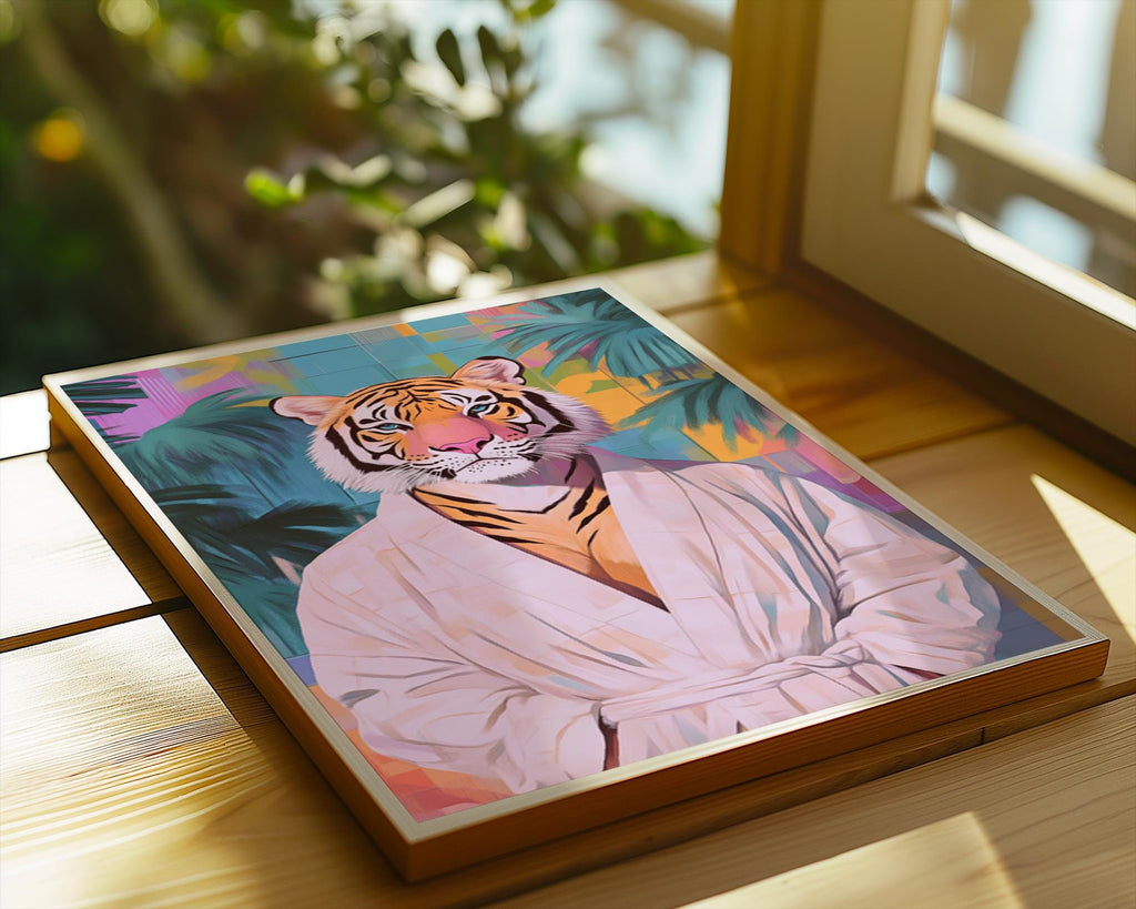 Tiger in Robe Art Print | Quirky Animal Poster wall art print, modern home decor, unframed artwork by Nomad & Nest