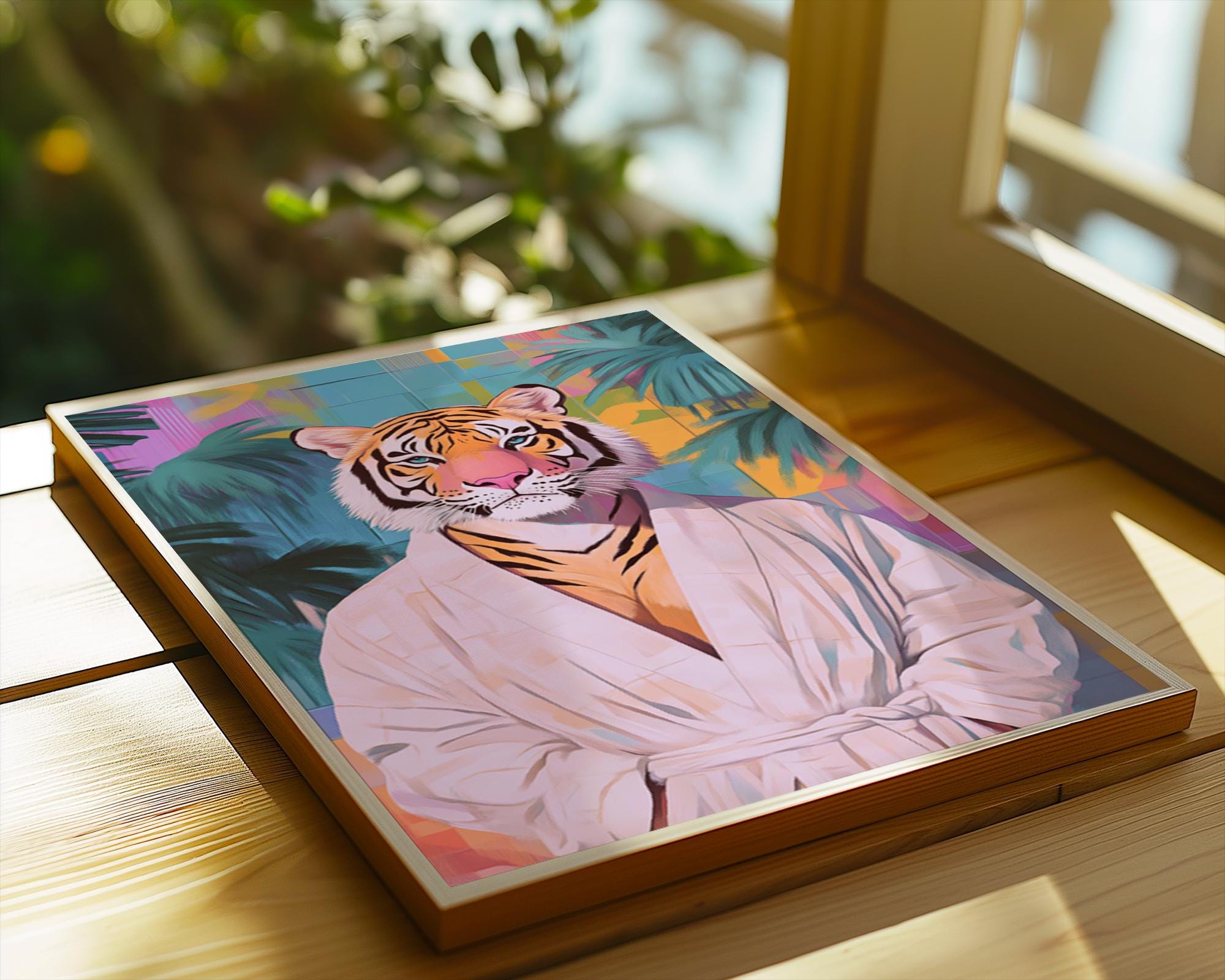 Tiger in Robe Art Print | Quirky Animal Poster wall art print, modern home decor, unframed artwork by Nomad & Nest