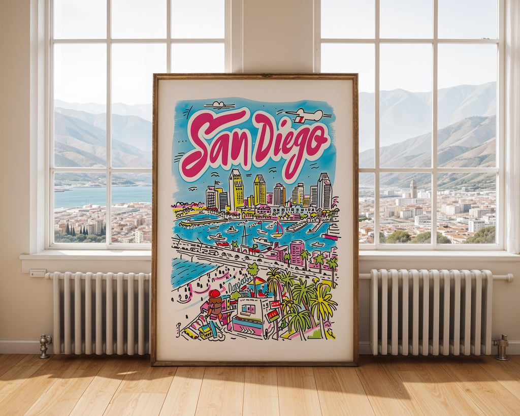 San Diego California Travel Poster | Colorful Coastal Skyline Art Print wall art print, modern home decor, unframed artwork by Nomad & Nest