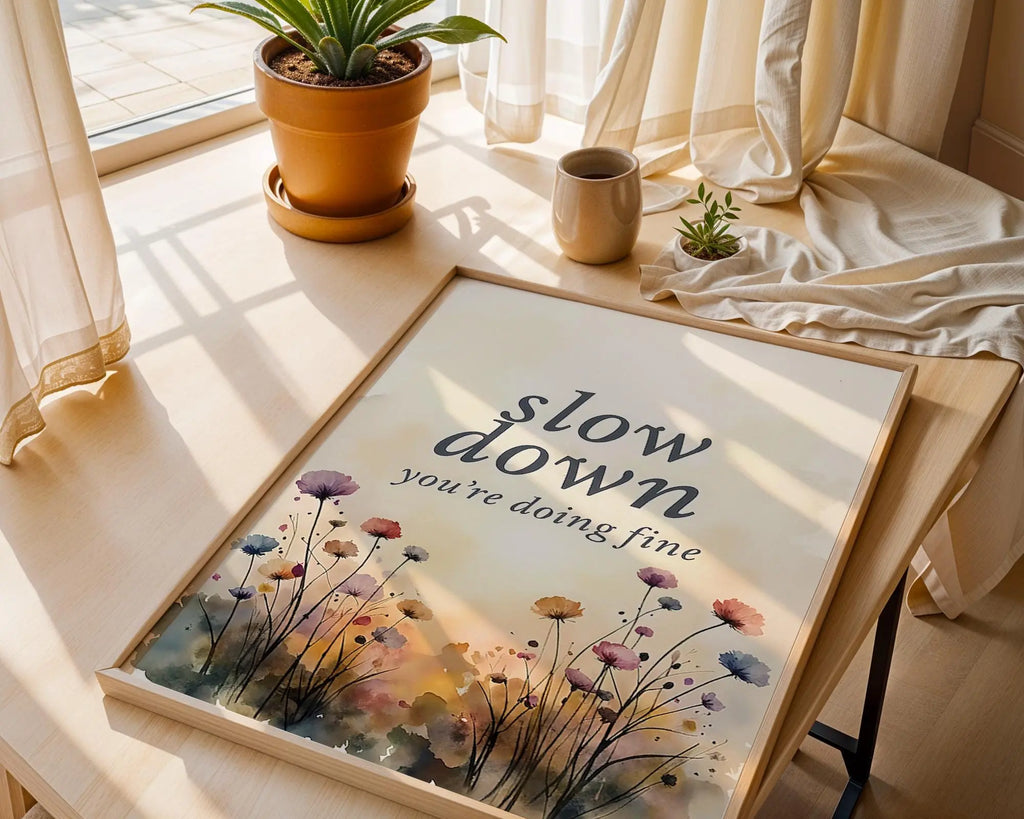 Positive Emotion | Slow Down You’re Doing Fine | Soft Floral Watercolour Encouragement Art wall art print, modern home decor, unframed artwork by Nomad & Nest