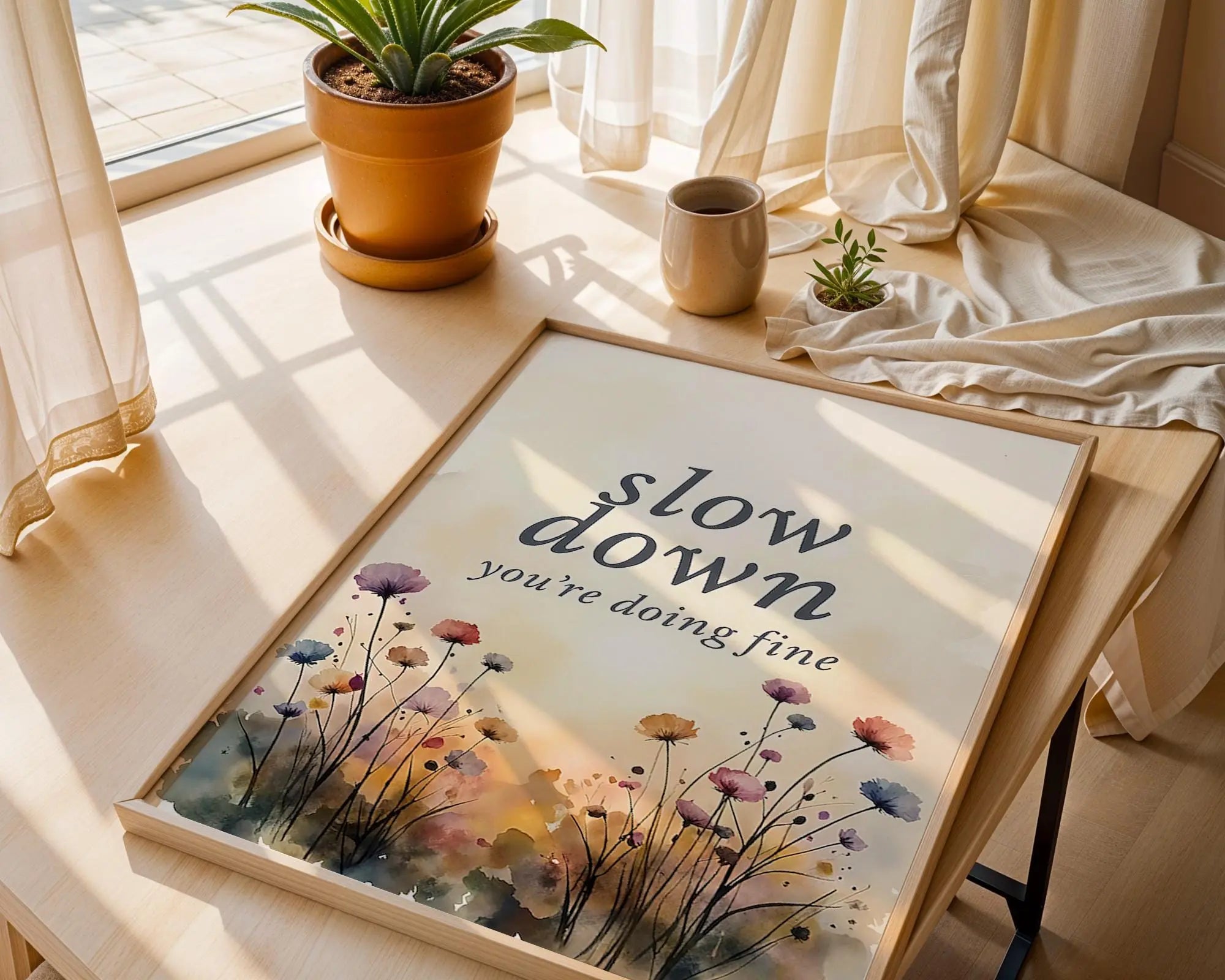 Positive Emotion | Slow Down You’re Doing Fine | Soft Floral Watercolour Encouragement Art wall art print, modern home decor, unframed artwork by Nomad & Nest