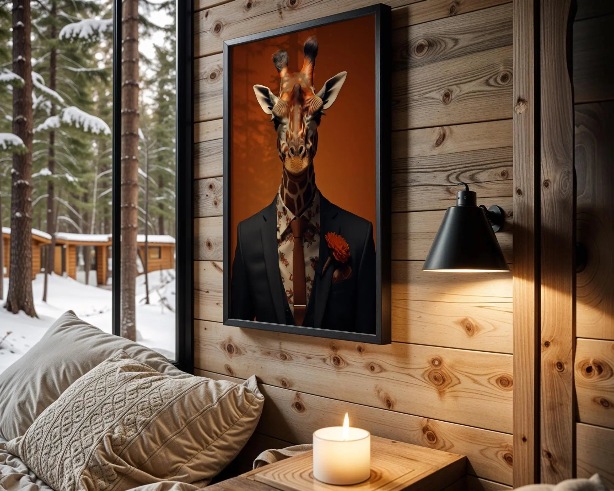 Giraffe in Suit Wall Art – Floral Shirt & Orange Tie, Modern Anthropomorphic Animal Print wall art print, modern home decor, unframed artwork by Nomad & Nest