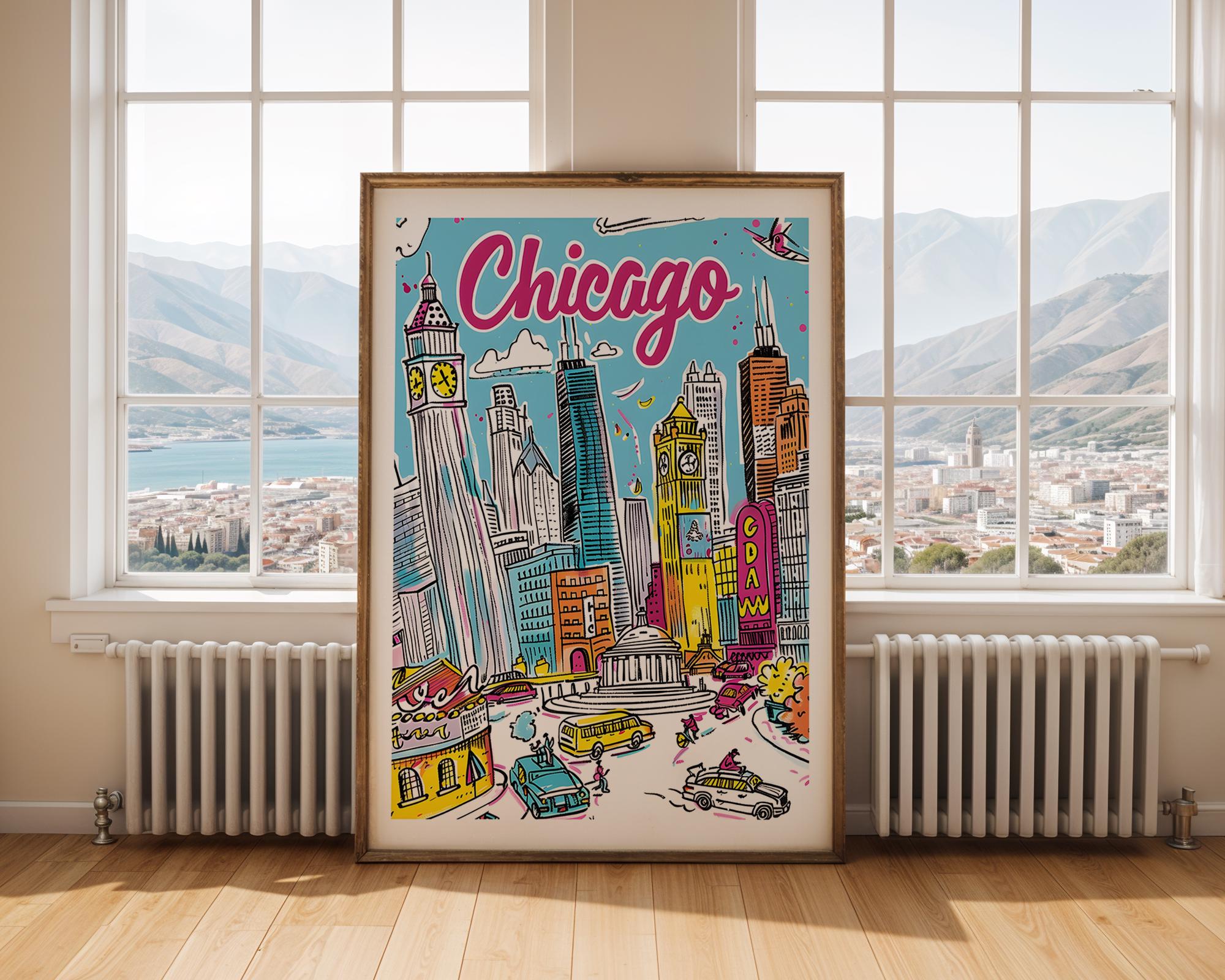 Chicago Skyline Art Print | Colorful Travel Poster wall art print, modern home decor, unframed artwork by Nomad & Nest