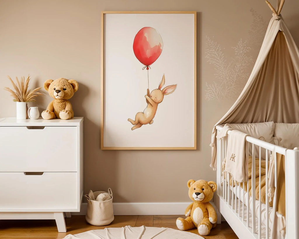 Playroom Ideas | Bunny Balloon Nursery Wall Art | Neutral Woodland Baby Print wall art print, modern home decor, unframed artwork by Nomad & Nest