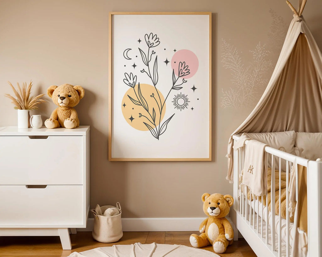 Playroom Ideas | Boho Floral Nursery Wall Art | Sun Moon Botanical Illustration wall art print, modern home decor, unframed artwork by Nomad & Nest