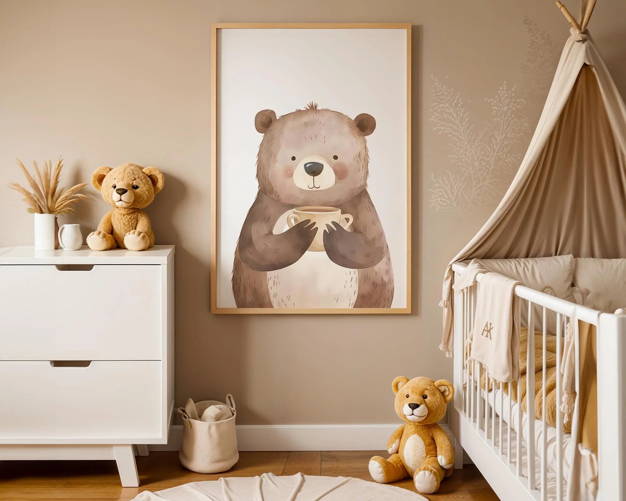 Playroom Ideas | Bear With Cup Nursery Wall Art | Cozy Woodland Baby Print wall art print, modern home decor, unframed artwork by Nomad & Nest