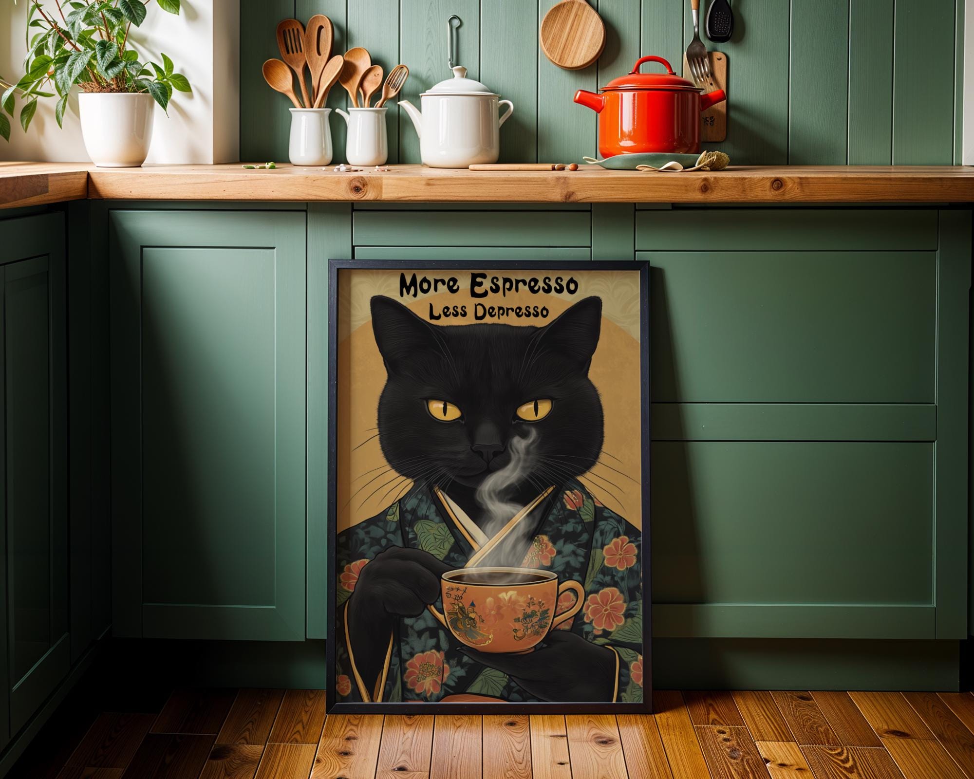 Japanese Poster | Black Cat Espresso Print –  Kimono Feline wall art print, modern home decor, unframed artwork by Nomad & Nest