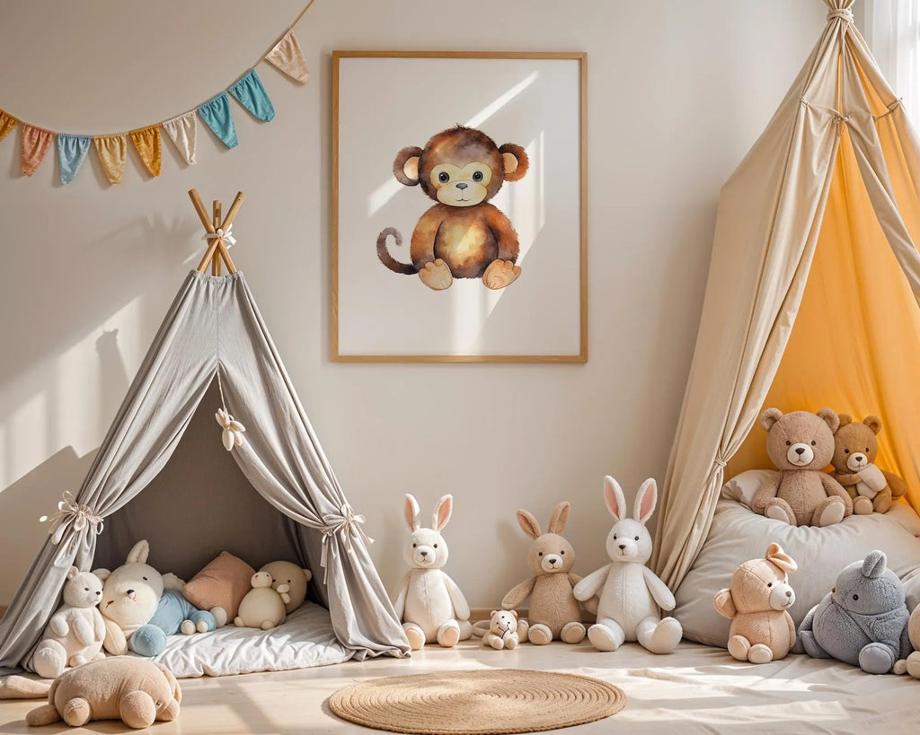Playroom Ideas | Baby Monkey Nursery Wall Art | Jungle Animal Baby Print wall art print, modern home decor, unframed artwork by Nomad & Nest