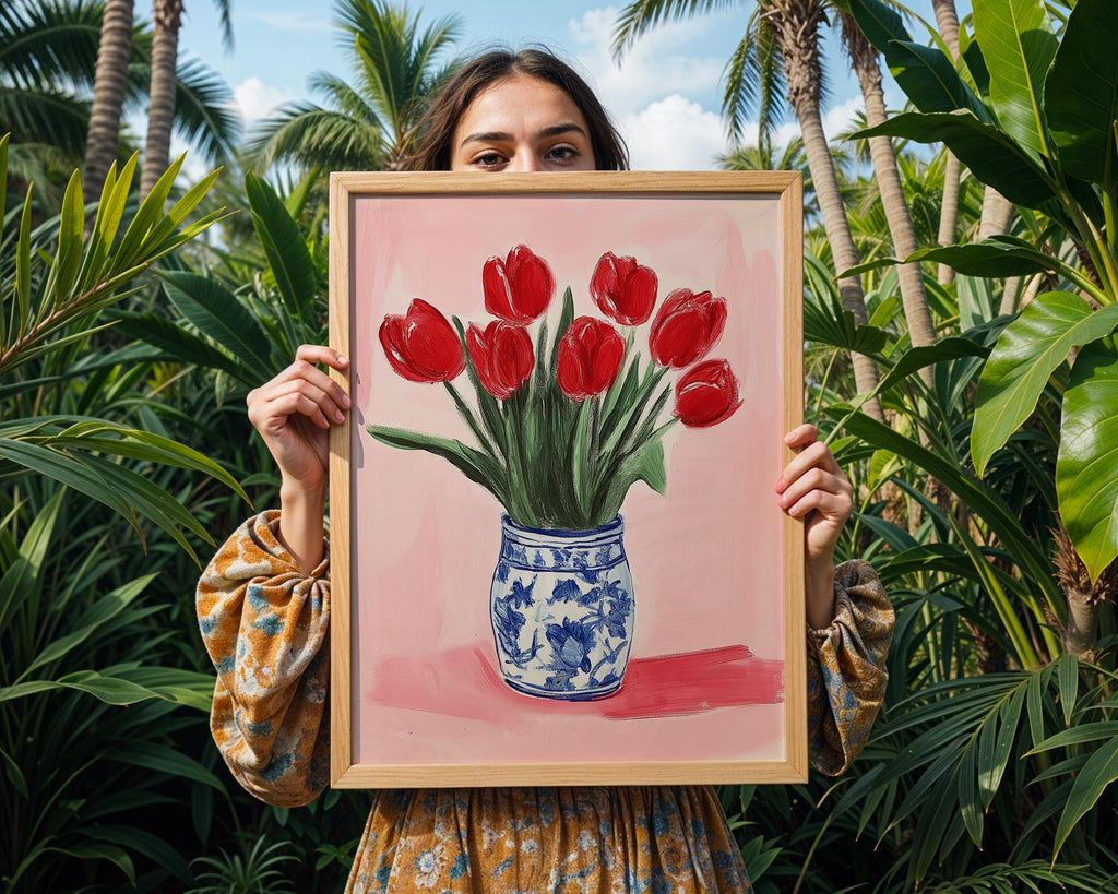 Red Tulips Print | Chinoiserie Vase, Floral Kitchen Art wall art print, modern home decor, unframed artwork by Nomad & Nest