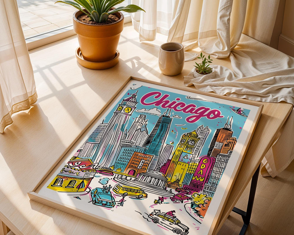 Chicago Skyline Art Print | Colorful Travel Poster wall art print, modern home decor, unframed artwork by Nomad & Nest