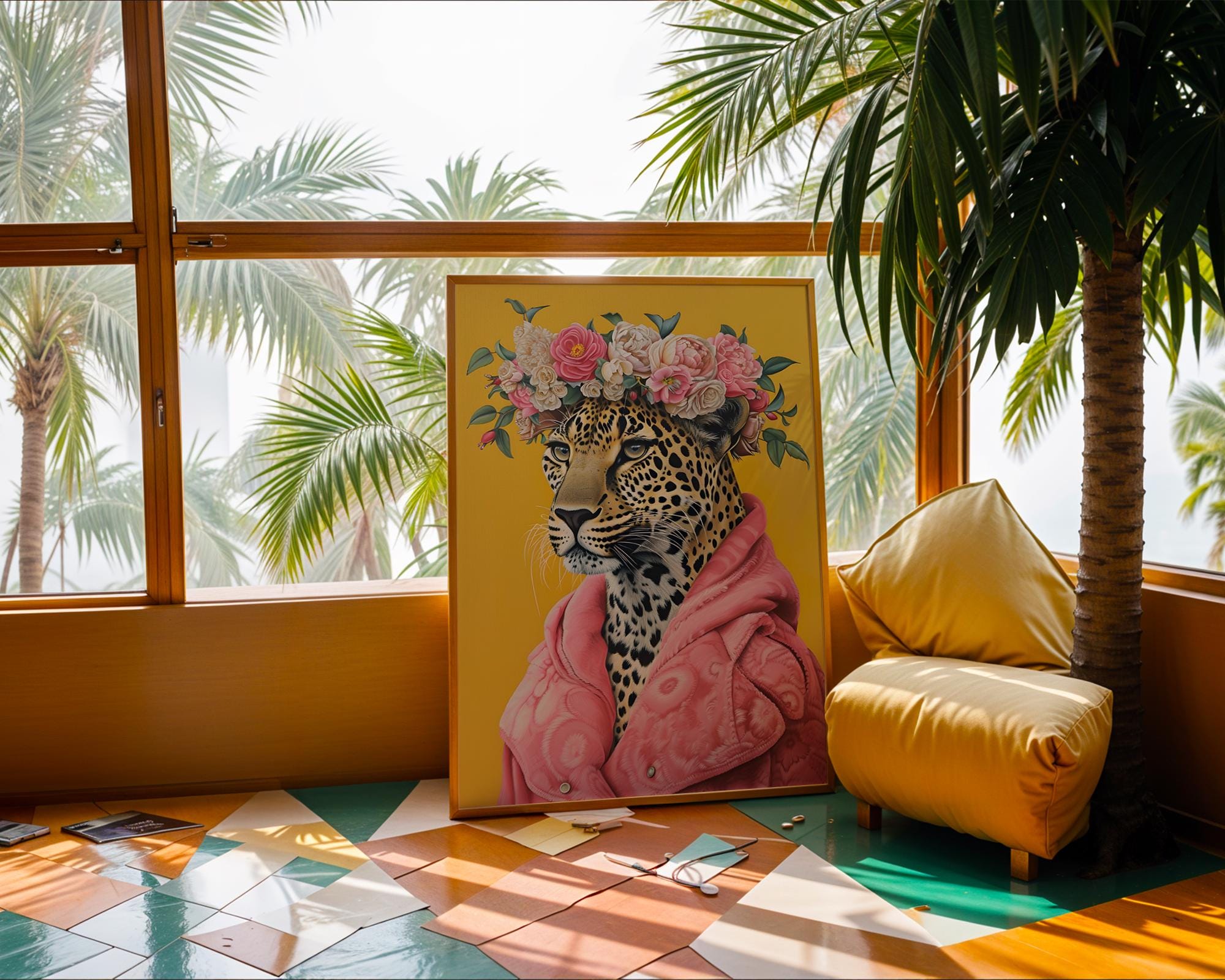 Colourful Prints | Floral Leopard Art Print | Pink Coat, Jungle Queen Portrait wall art print, modern home decor, unframed artwork by Nomad & Nest