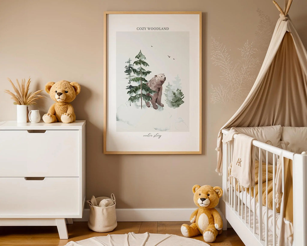 Playroom Ideas | Woodland Bear Nursery Wall Art | Winter Forest Animal Illustration wall art print, modern home decor, unframed artwork by Nomad & Nest