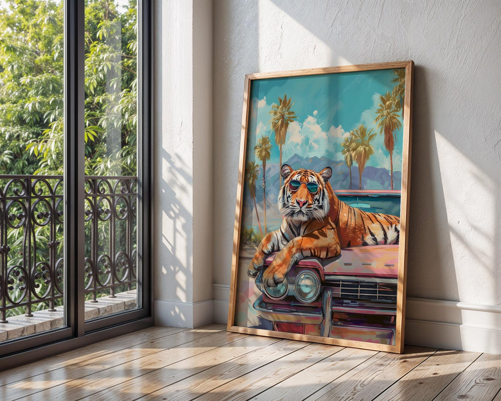 Colourful Prints | Sunglass Tiger Cadillac Print | Retro Tropical Wall Art wall art print, modern home decor, unframed artwork by Nomad & Nest