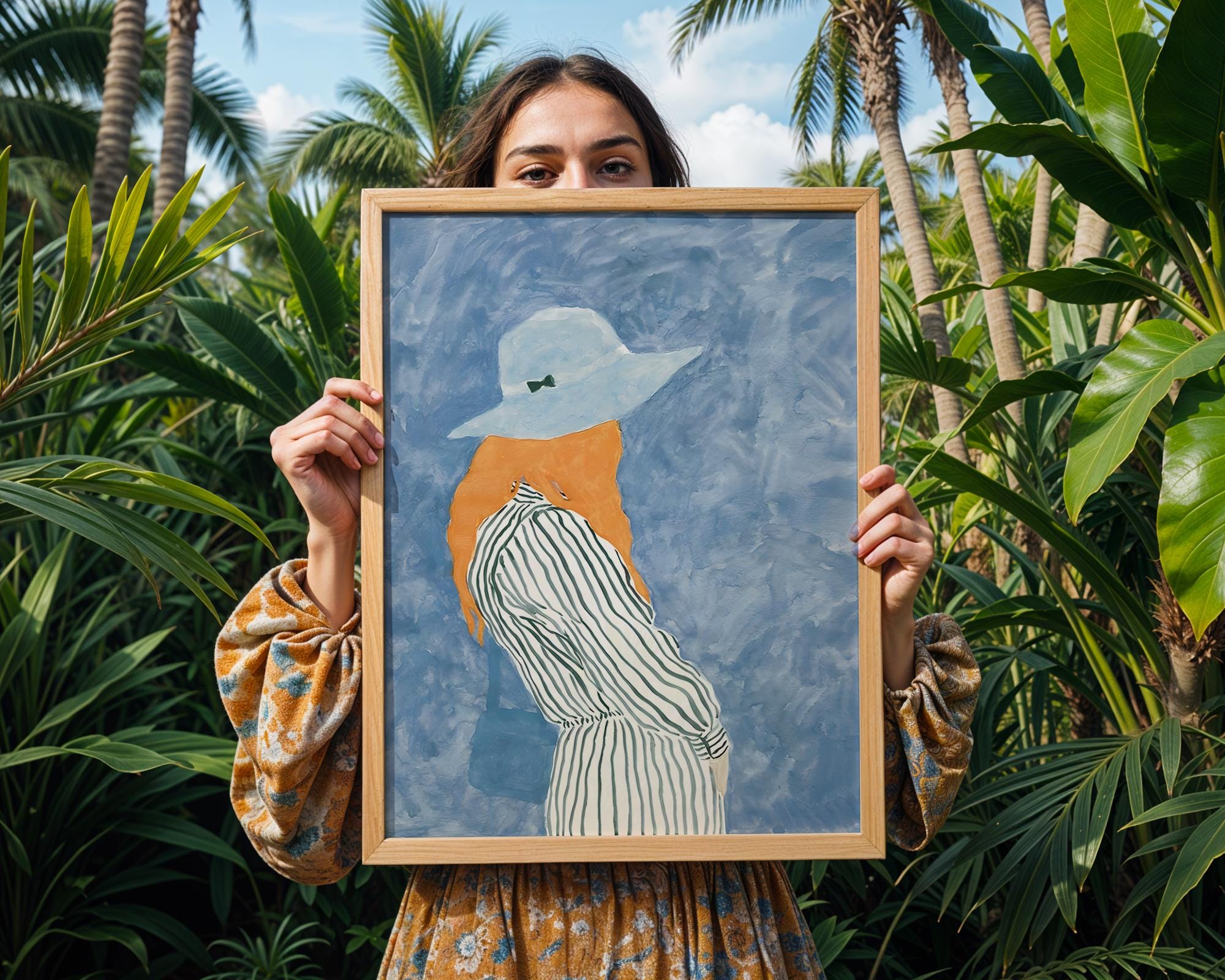 Woman in Blue Hat Art Print | Chic Fashion Illustration wall art print, modern home decor, unframed artwork by Nomad & Nest
