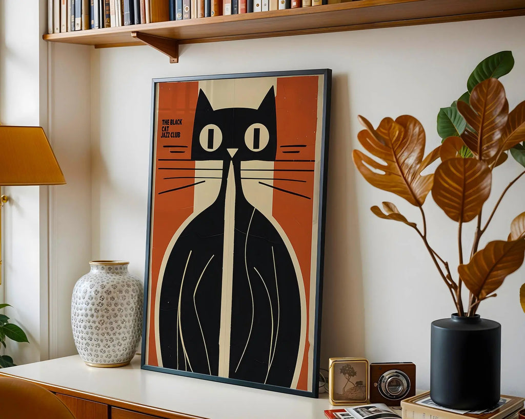 Black Cat Jazz Club Art Print | Retro Mid-Century Modern Wall Art wall art print, modern home decor, unframed artwork by Nomad & Nest