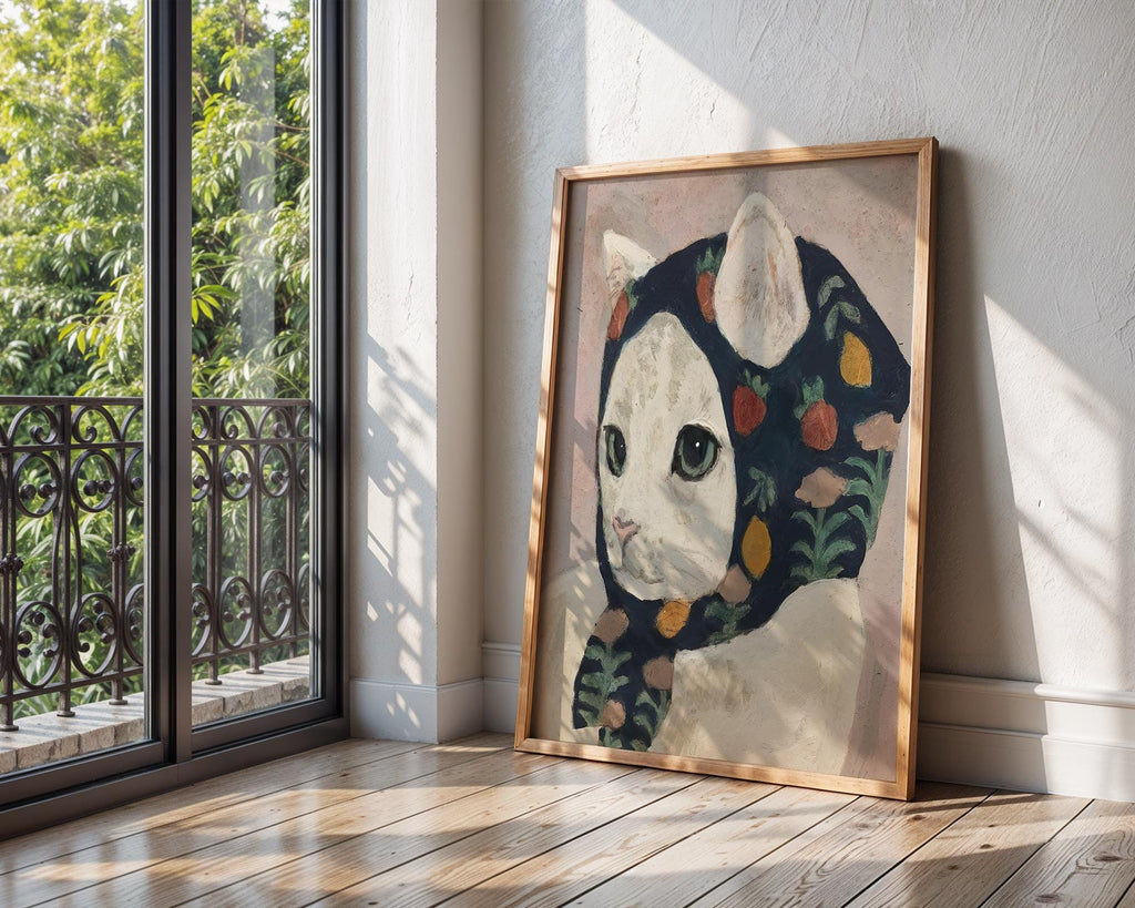 Whimsical Cat Art Print | Cat in Scarf Folk Art Poster wall art print, modern home decor, unframed artwork by Nomad & Nest