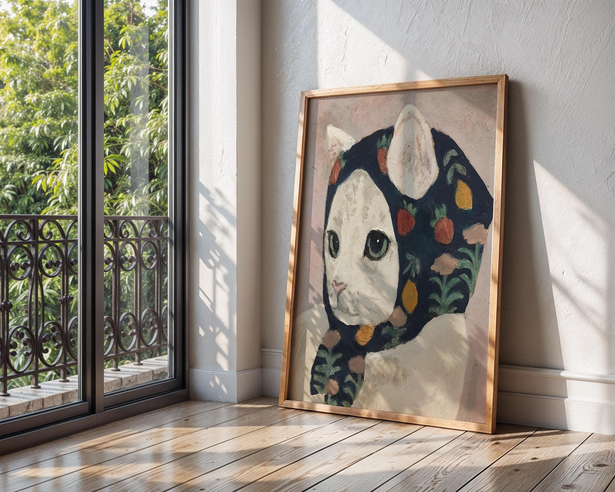 Whimsical Cat Art Print | Cat in Scarf Folk Art Poster wall art print, modern home decor, unframed artwork by Nomad & Nest