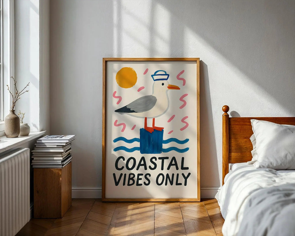 Positive Emotion | Coastal Vibes Only Wall Art | Playful Seagull Illustration | Beach House Deco wall art print, modern home decor, unframed artwork by Nomad & Nest
