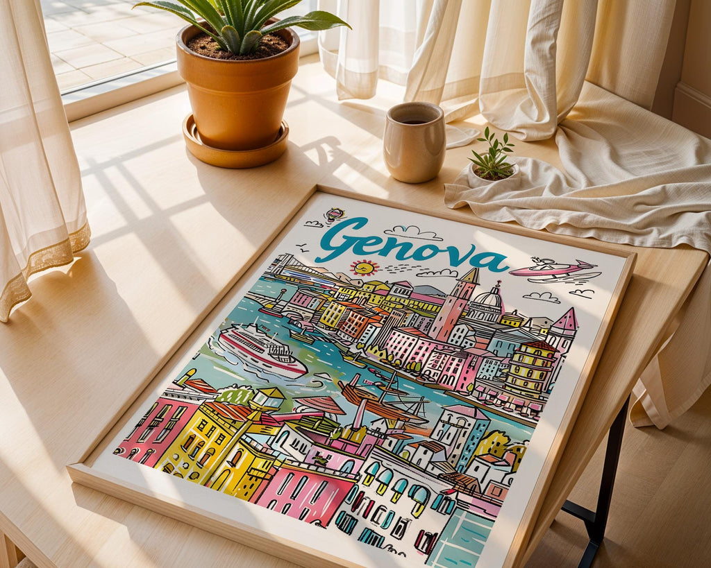 Genova Italy Travel Poster | Colorful Italian Riviera Wall Art wall art print, modern home decor, unframed artwork by Nomad & Nest