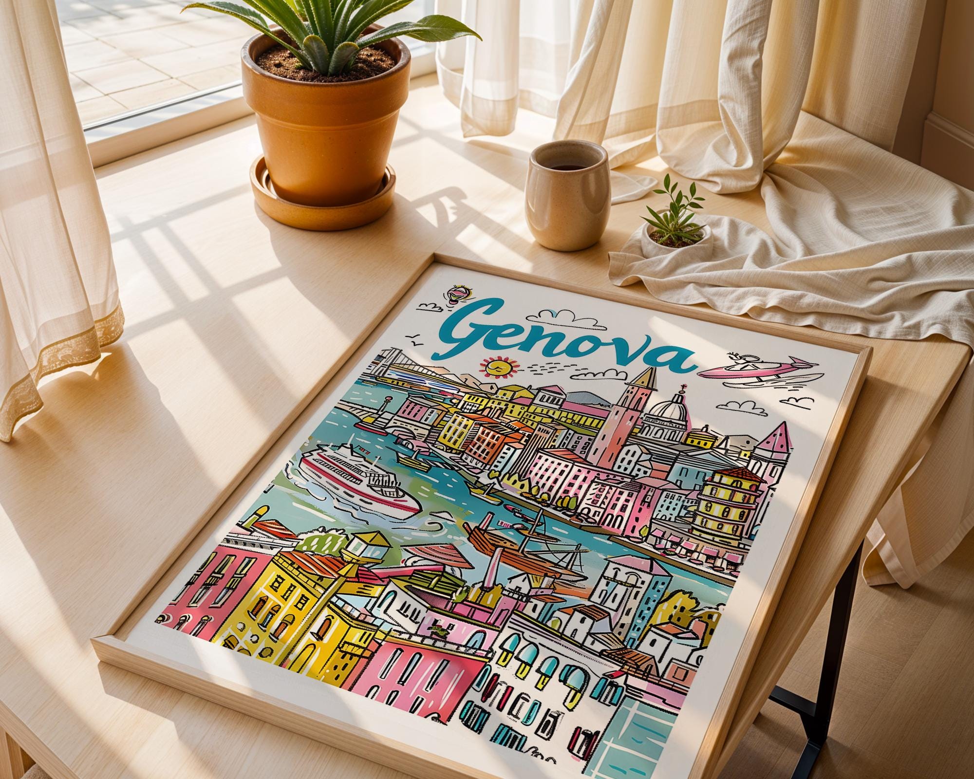 Genova Italy Travel Poster | Colorful Italian Riviera Wall Art wall art print, modern home decor, unframed artwork by Nomad & Nest