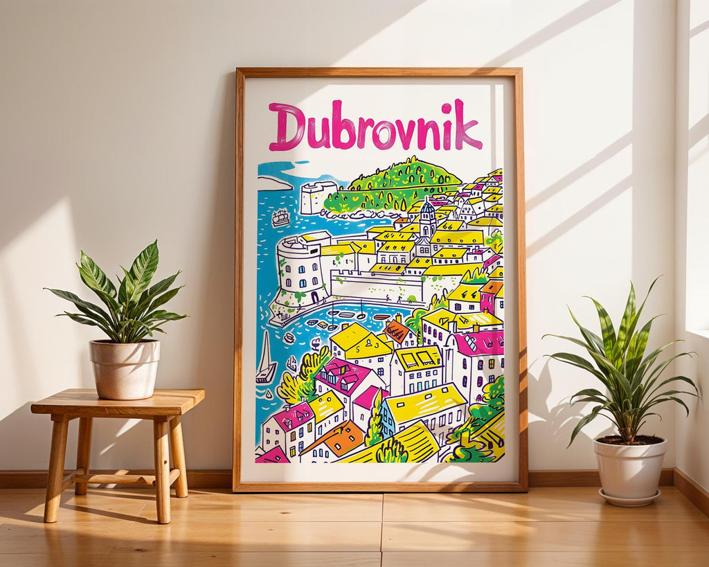 Dubrovnik Croatia Art Print | Colourful Coastal Travel Poster wall art print, modern home decor, unframed artwork by Nomad & Nest
