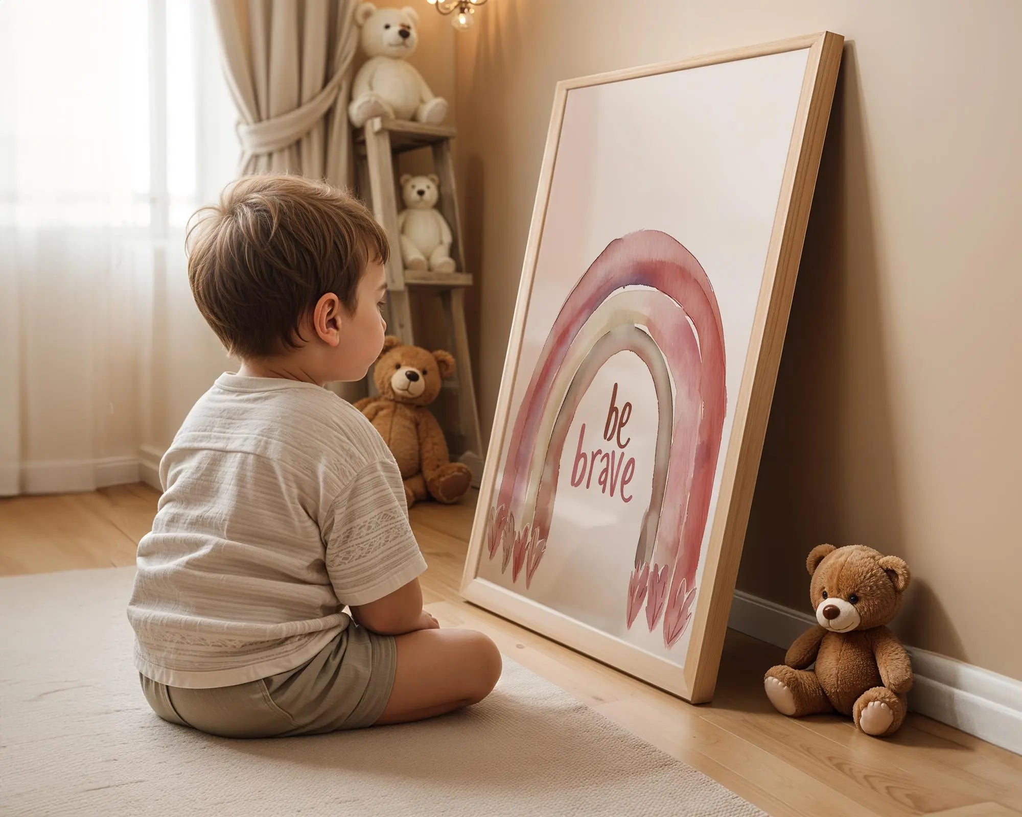 Playroom Ideas | Be Brave Rainbow Nursery Art | Boho Motivational Print wall art print, modern home decor, unframed artwork by Nomad & Nest