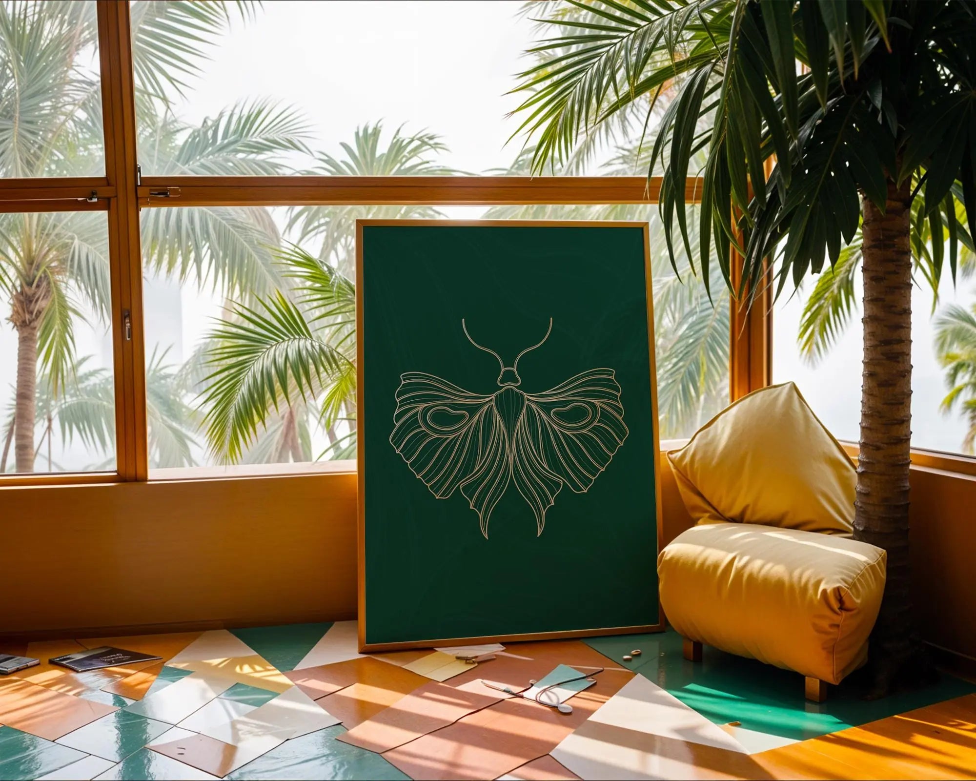 Gold Moth Line Art Print | Modern Green Insect Illustration wall art print, modern home decor, unframed artwork by Nomad & Nest