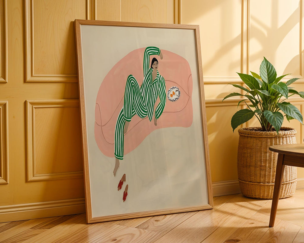 Woman in Pajamas Art Print | Minimalist Lounging Illustration wall art print, modern home decor, unframed artwork by Nomad & Nest