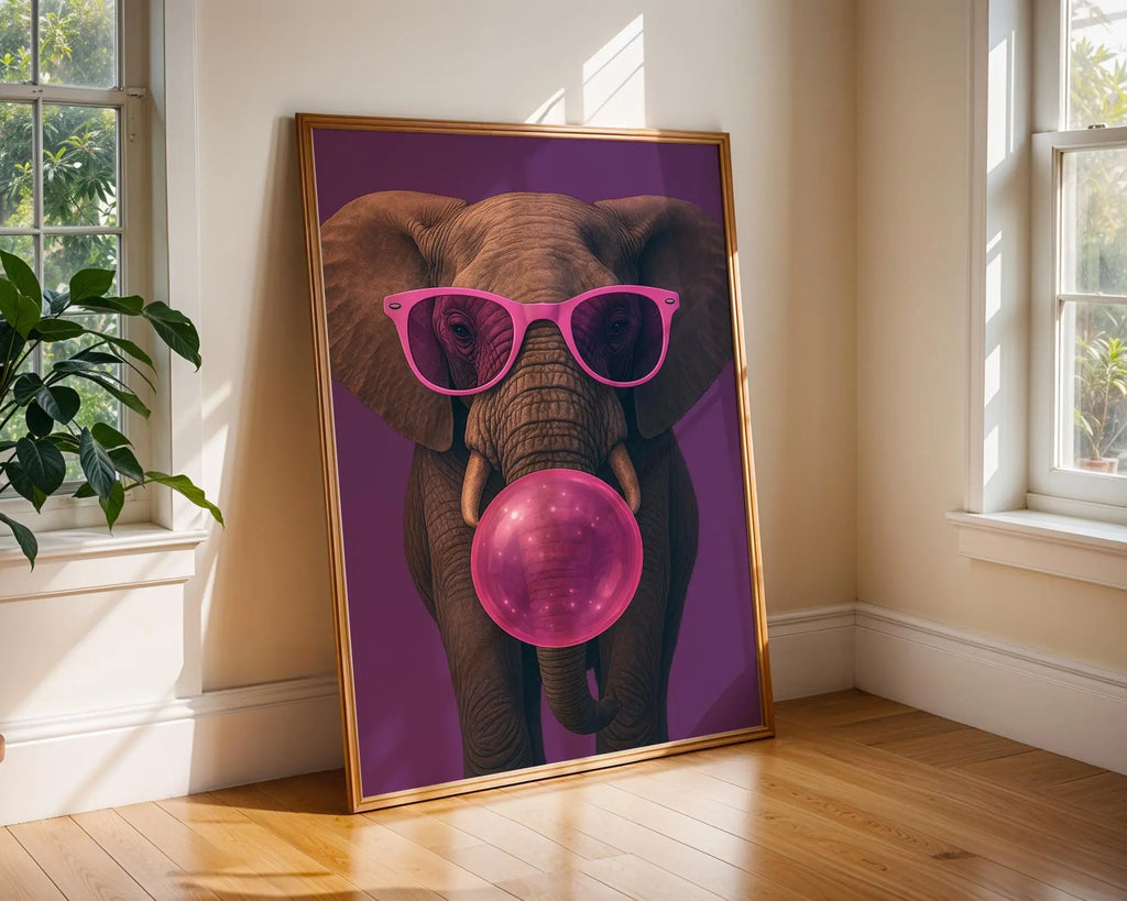 Colourful Prints | Elephant Bubblegum Art Print | Funky Pink Glasses, Pop Art wall art print, modern home decor, unframed artwork by Nomad & Nest