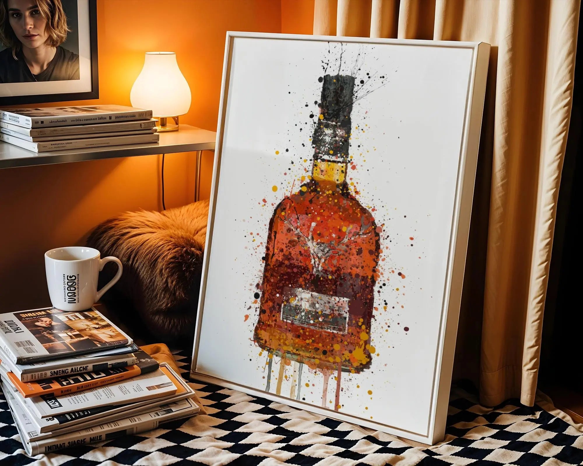 Stag Whiskey Bottle Art Print, Scotch Bourbon Splatter, Bar Decor wall art print, modern home decor, unframed artwork by Nomad & Nest