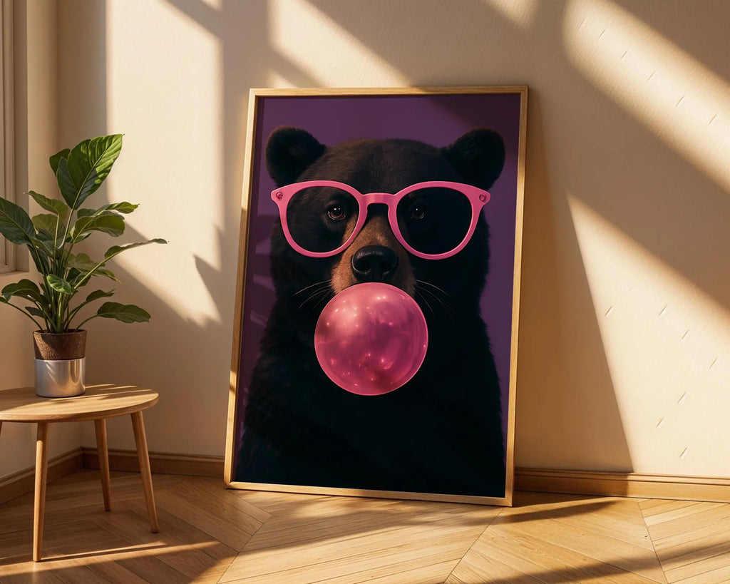 Colourful Prints | Bear Bubblegum Art Print | Funky Pink Glasses Animal Poster wall art print, modern home decor, unframed artwork by Nomad & Nest