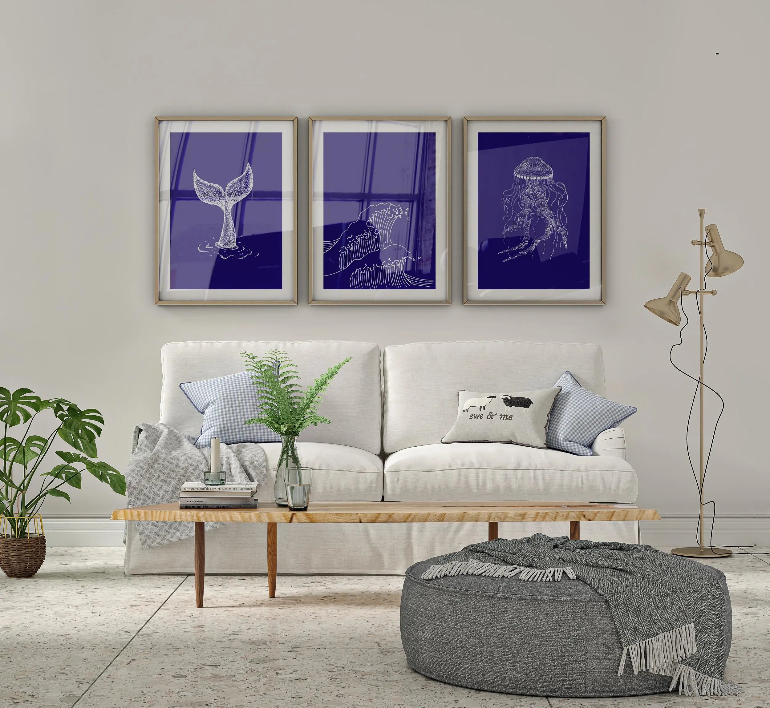 Colourful Prints | Navy Coastal Line Art Print Set | Jellyfish, Whale Tail, Wave wall art print, modern home decor, unframed artwork by Nomad & Nest