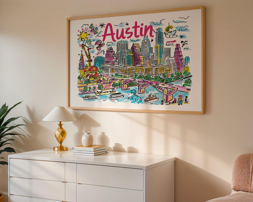 Austin Texas Cityscape Art Print | Colorful Travel Poster wall art print, modern home decor, unframed artwork by Nomad & Nest