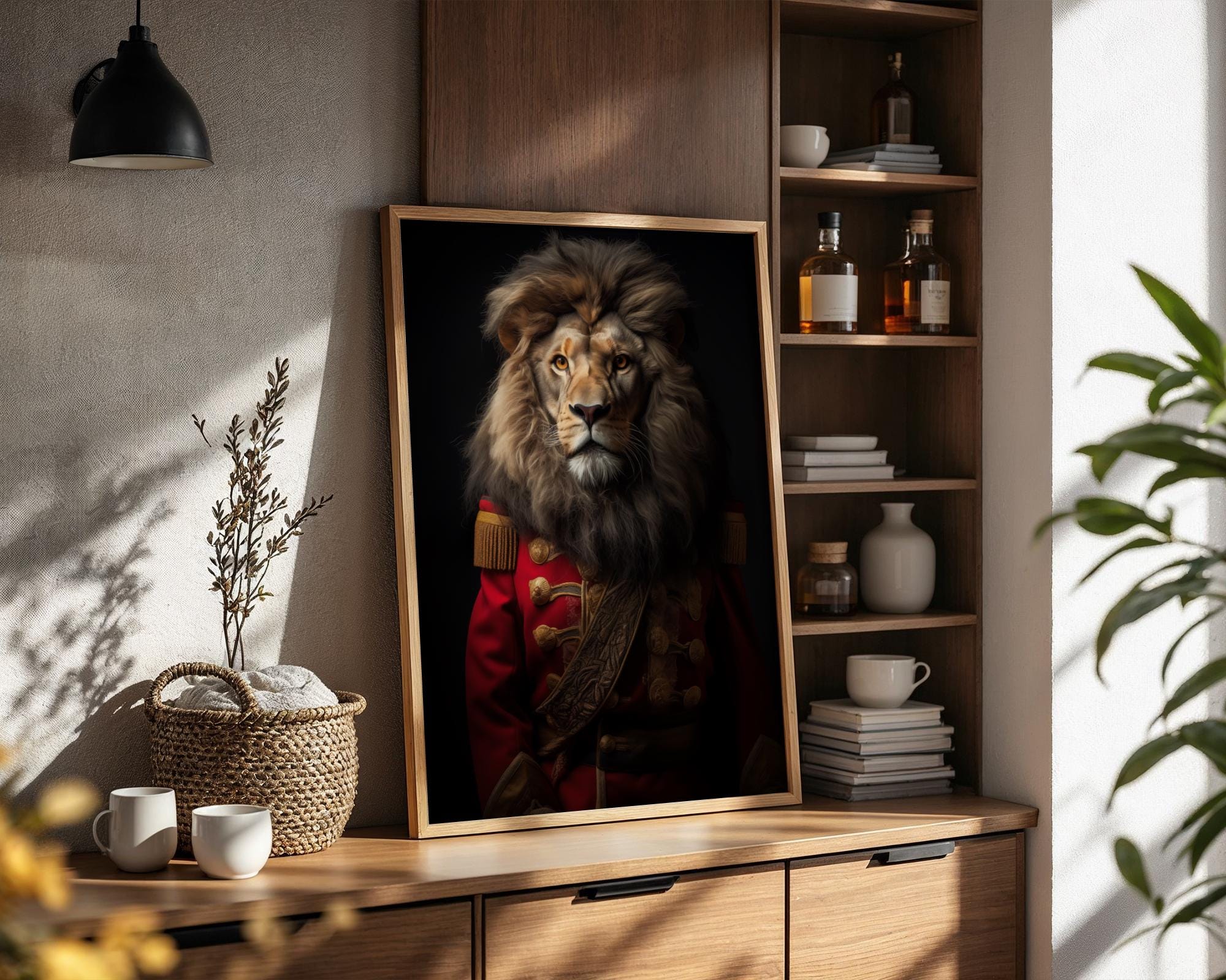 Victorian Lion Portrait Print | Red Regal Military Coat Animal Art wall art print, modern home decor, unframed artwork by Nomad & Nest