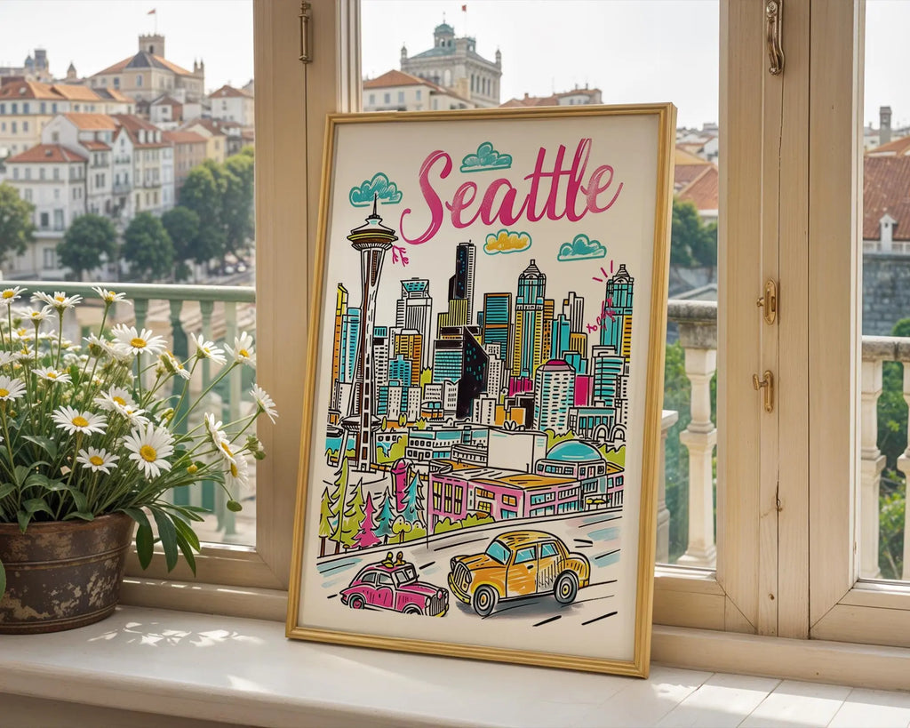 Seattle Skyline Art Print | Space Needle, Washington Travel Poster wall art print, modern home decor, unframed artwork by Nomad & Nest