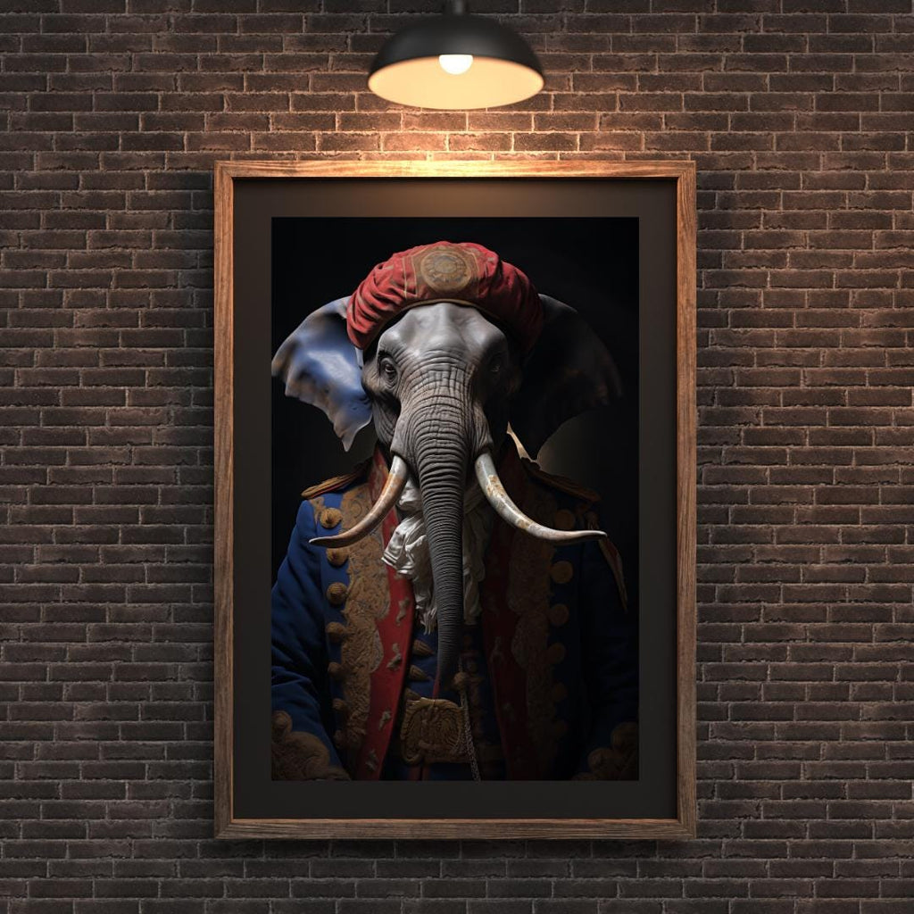 Elephant Portrait Print | Red Turban & Navy Regal Military Outfit, Anthropomorphic Animal Art wall art print, modern home decor, unframed artwork by Nomad & Nest