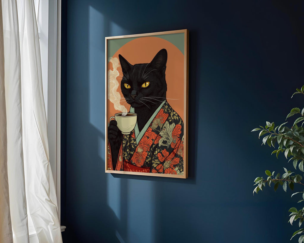 Japanese Poster | Kimono Black Cat Print – Coffee Lover Art wall art print, modern home decor, unframed artwork by Nomad & Nest