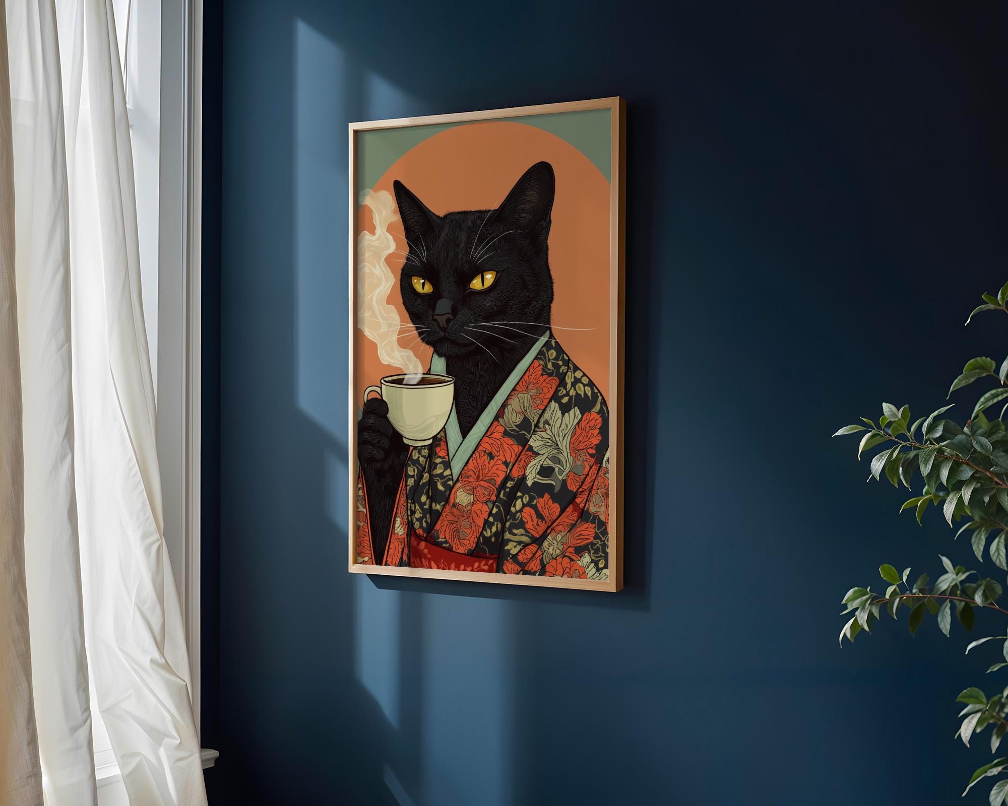 Japanese Poster | Kimono Black Cat Print – Coffee Lover Art wall art print, modern home decor, unframed artwork by Nomad & Nest