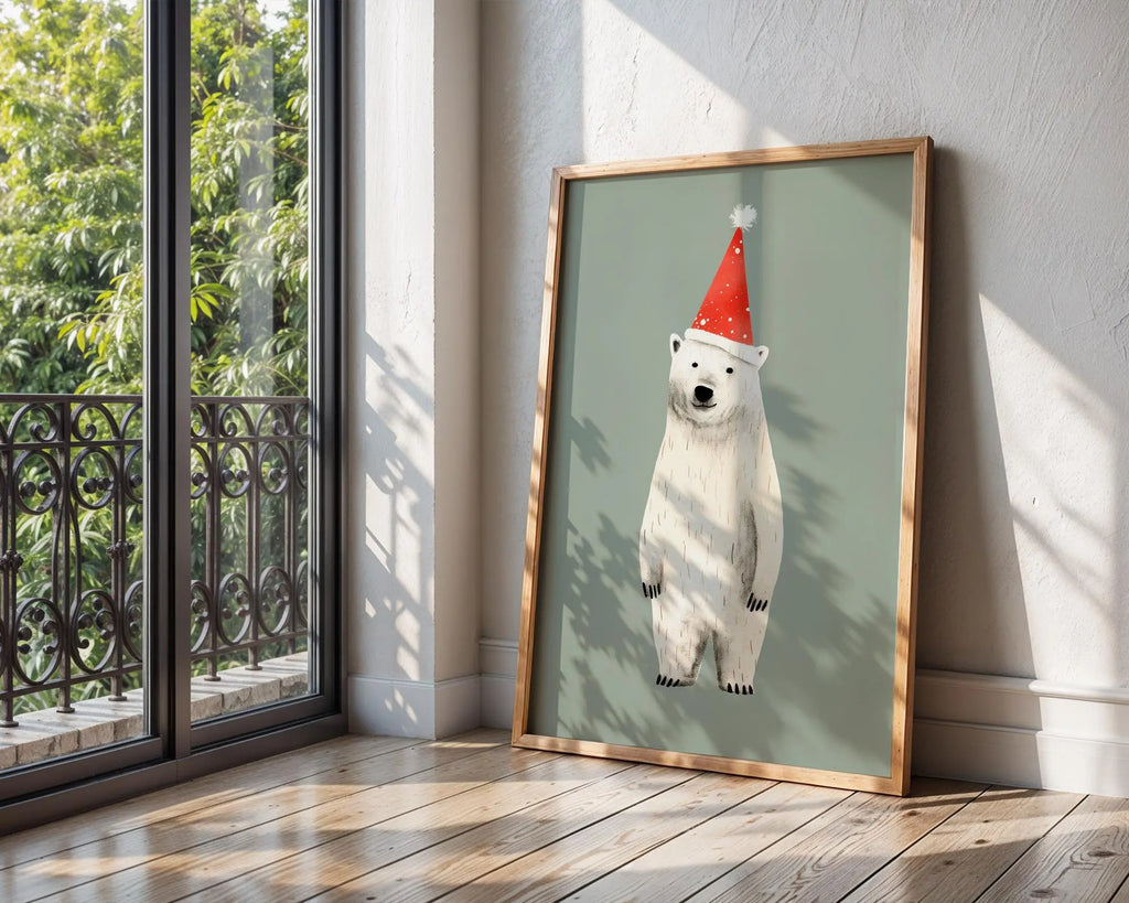 Polar Bear Christmas Print | Santa Hat, Winter Holiday Art wall art print, modern home decor, unframed artwork by Nomad & Nest