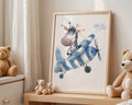 Playroom Ideas | Zebra Plane Nursery Art | Blue Aviation Baby Decor wall art print, modern home decor, unframed artwork by Nomad & Nest