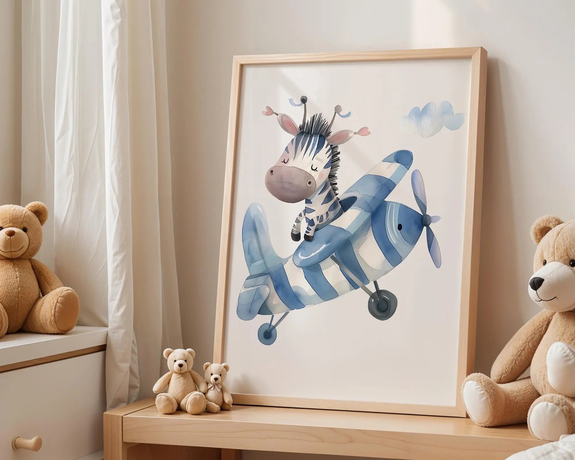Playroom Ideas | Zebra Plane Nursery Art | Blue Aviation Baby Decor wall art print, modern home decor, unframed artwork by Nomad & Nest