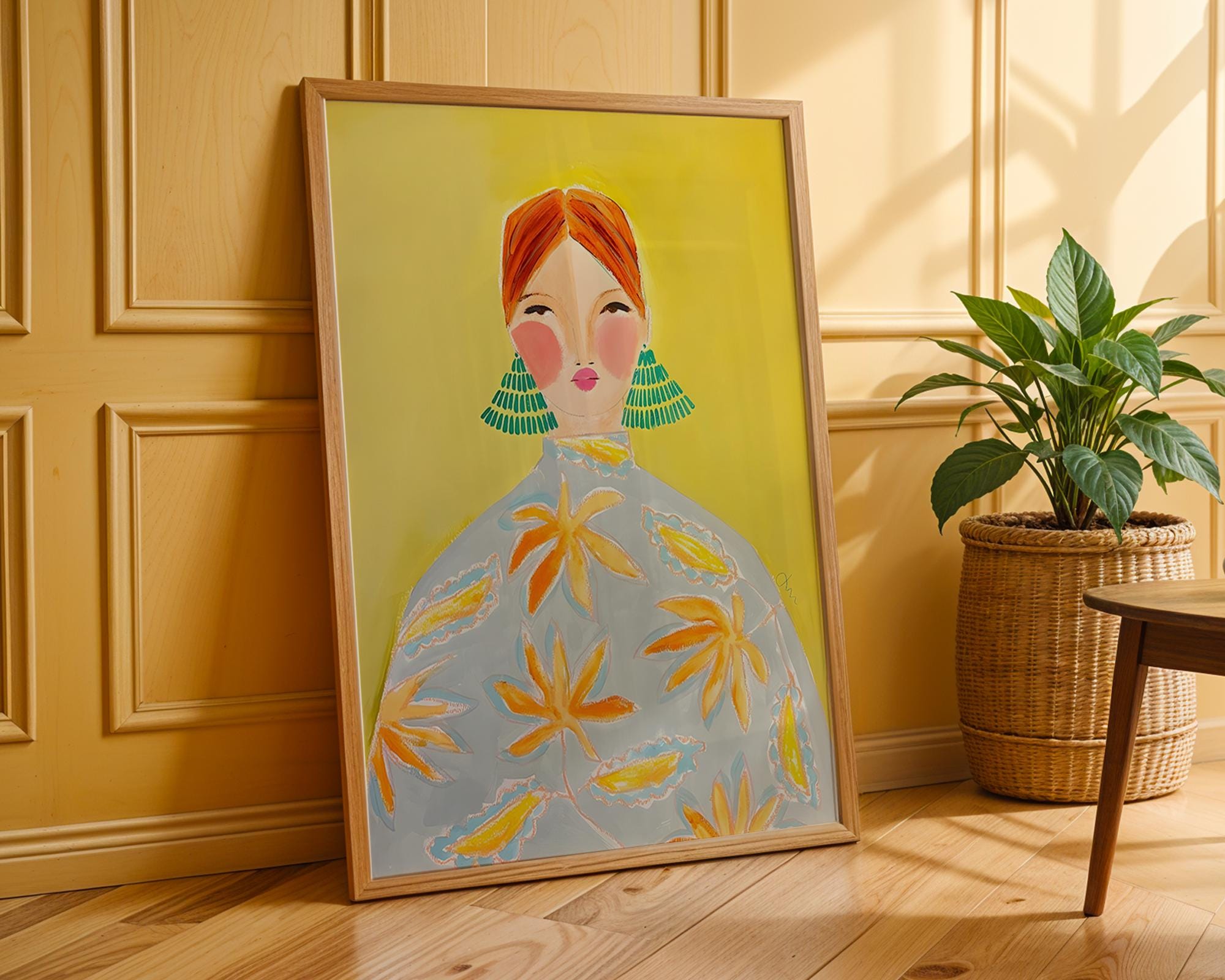 Modern Woman Portrait Art Print | Green Earrings, Yellow Decor wall art print, modern home decor, unframed artwork by Nomad & Nest